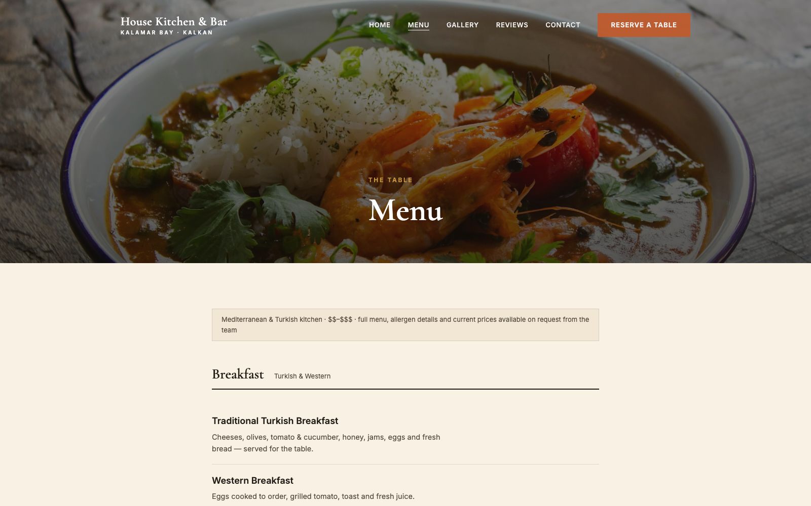 House Kitchen & Bar Menu page