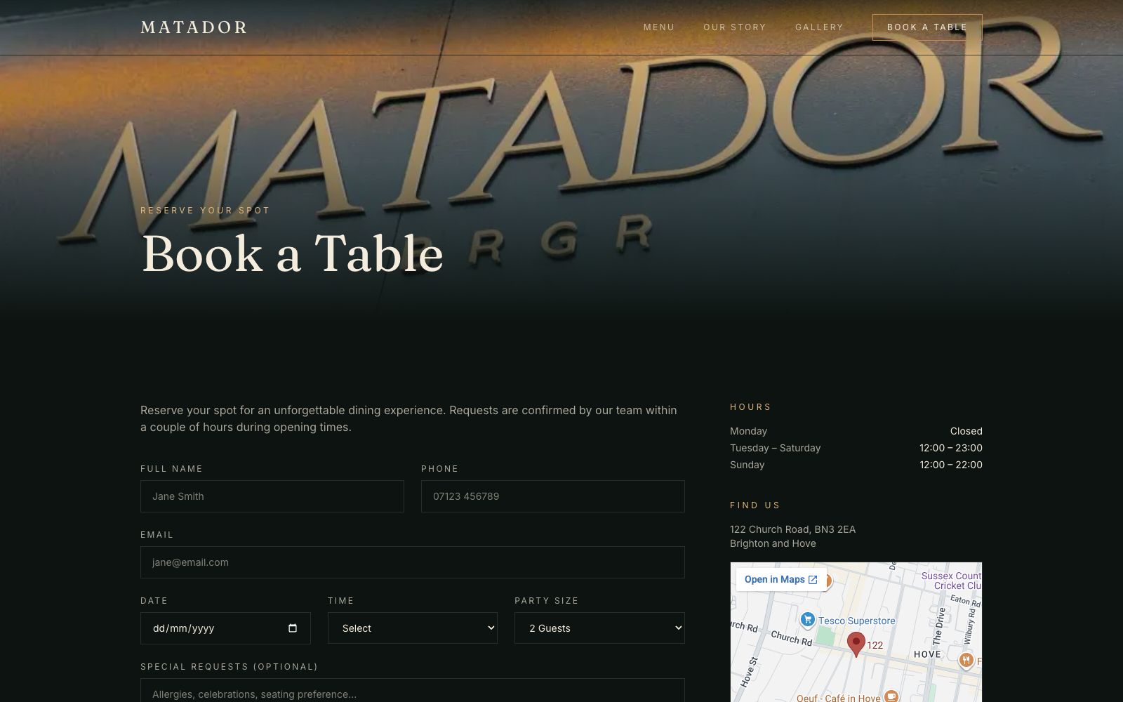 Matador Booking page