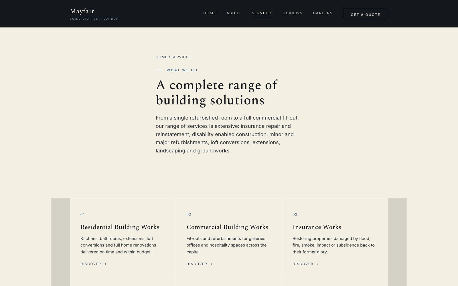Mayfair Build Services page